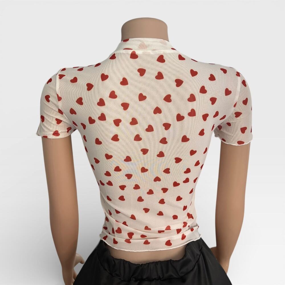 Allover Heart Mock Neck Mesh White Top - Picture 6 of 10